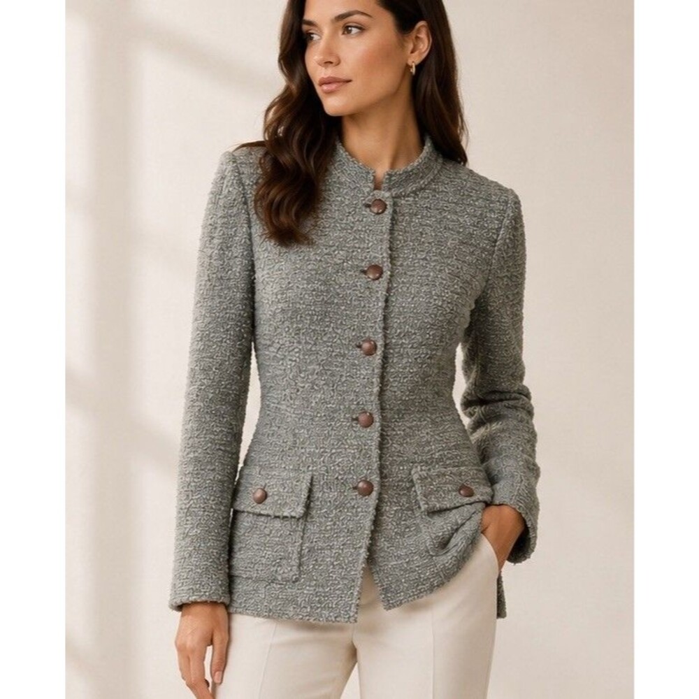 St John Ribbon Eyelash Green/Grey Tweed Long Jacket Women Sz 4 Utilitarian  EUC
